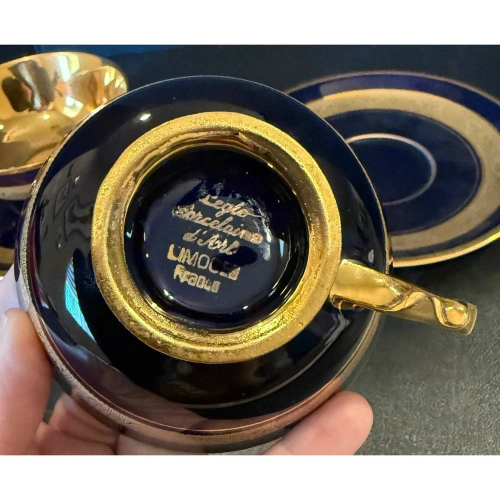 Limoges Legle Porcelaine d'Art Demitasse Cups Saucers Cobalt Blue Gold Set Of 2
